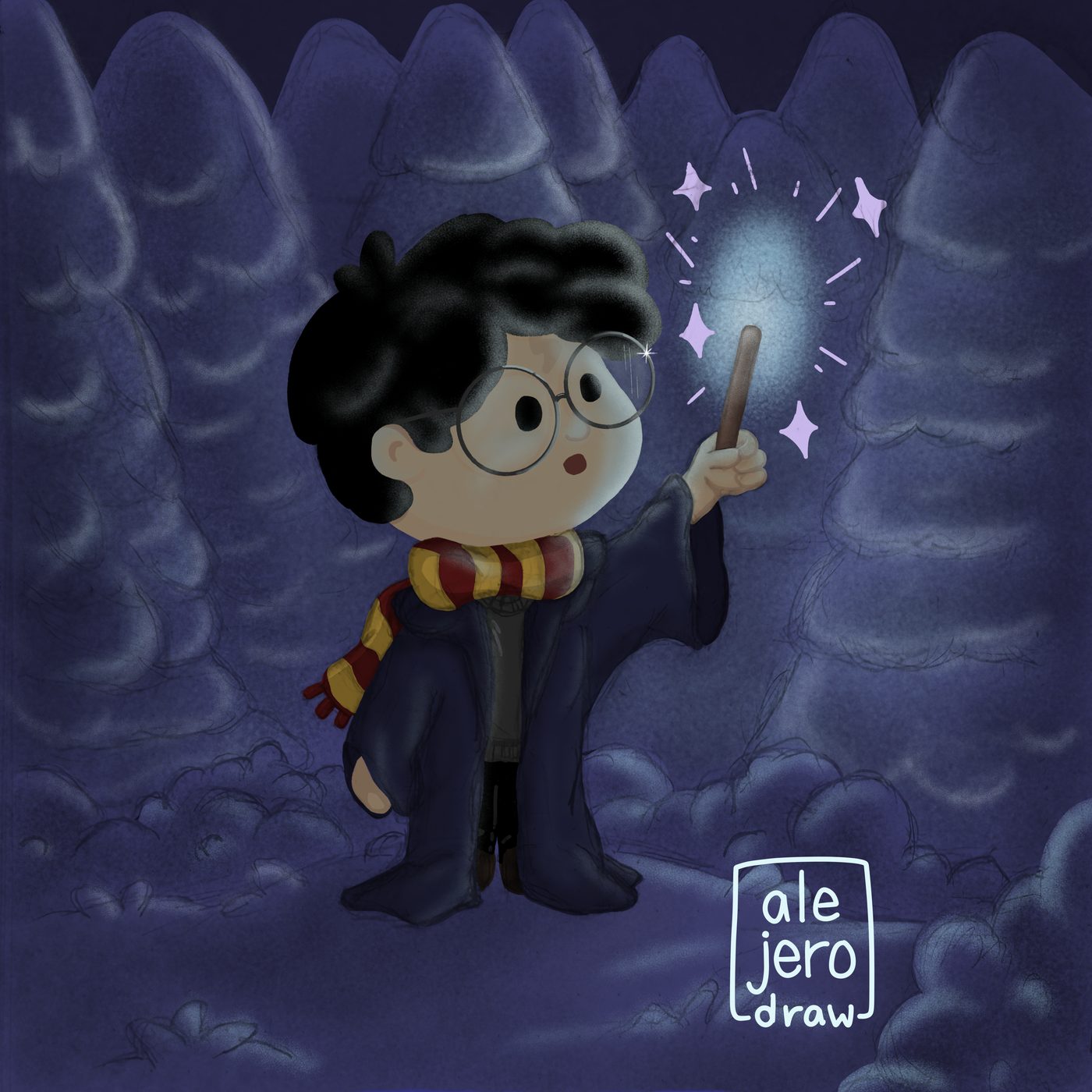 Illustration of Harry Potter casting Lumos