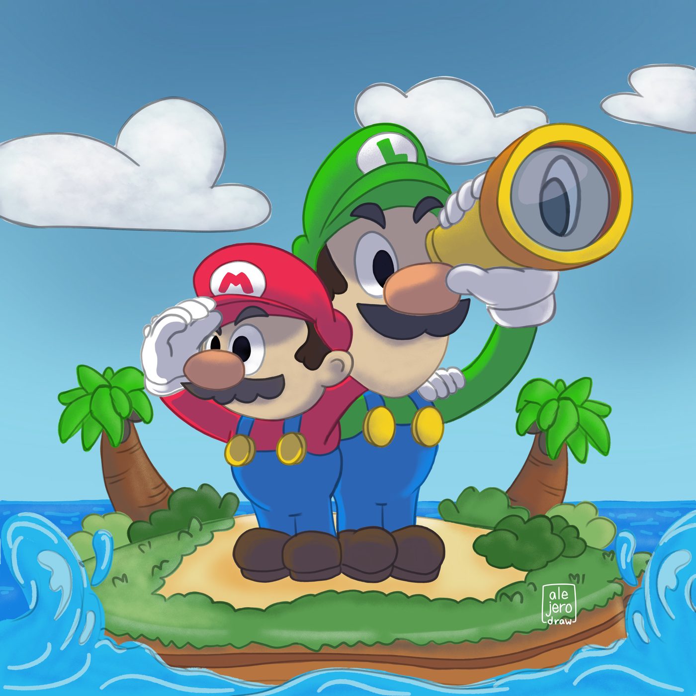 Illustration of Mario and Luigi on a small island