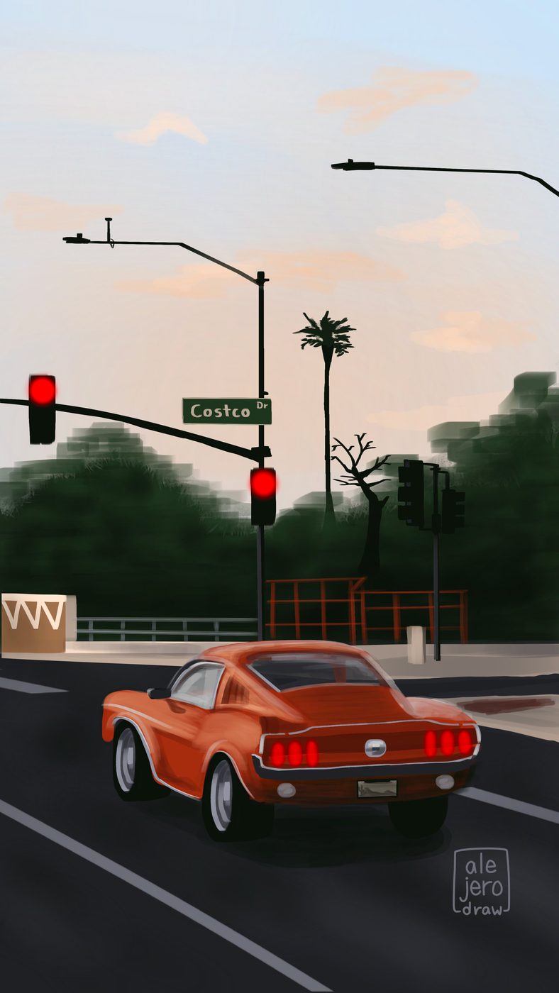 Illustration of a 1976 Mustang at an intersection