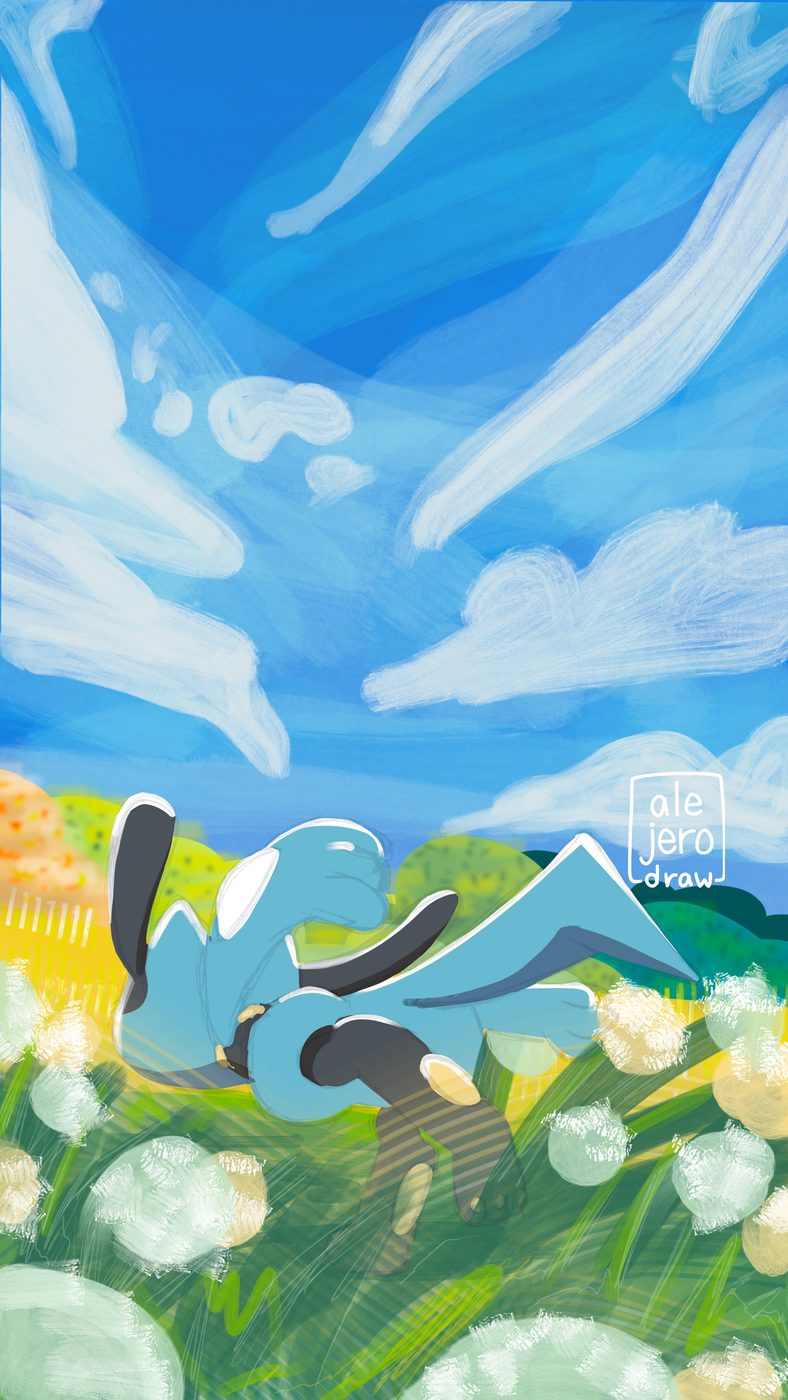 Illustration of Riolu resting in a field