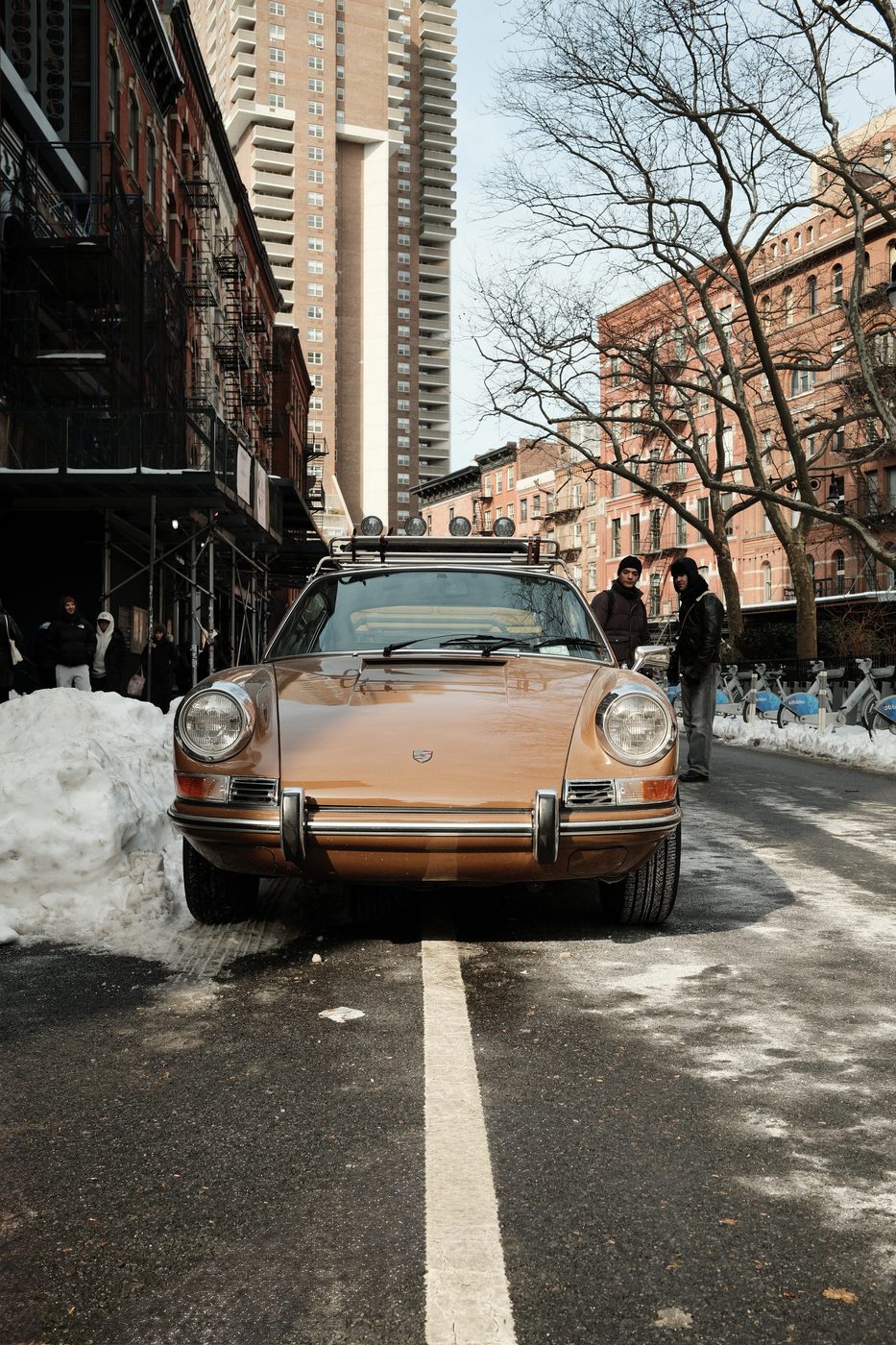 Vintage Porsche on a snowy New York street